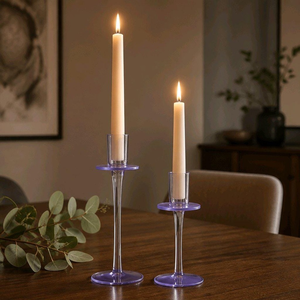 Glass Candlestick Holders Set of 2 Purple/Lavender Tinted Glass with Clear Stems